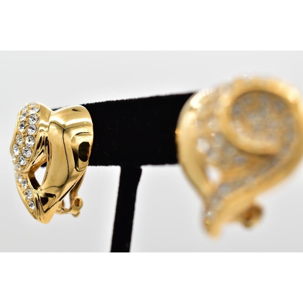 Givenchy Vintage Crystal Heart Clip On Earrings Gold Chunky Signed 1980s BinAZ - Picture 3 of 12